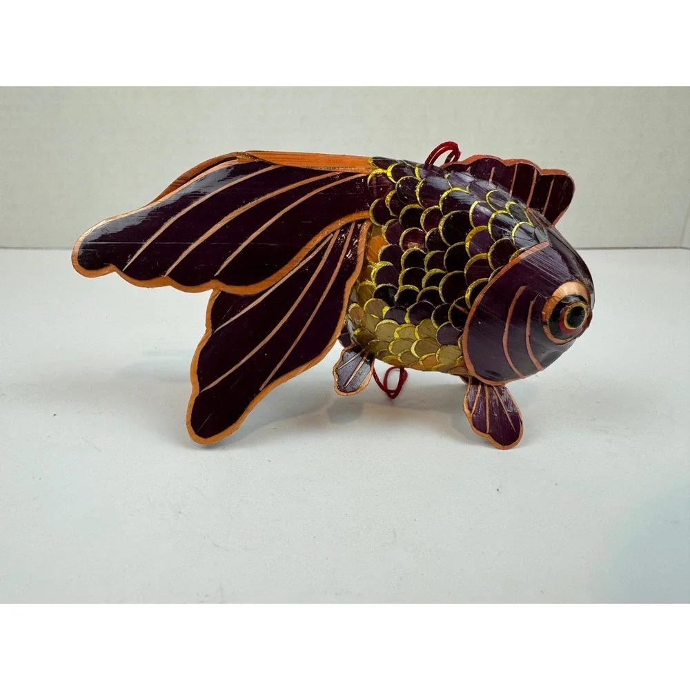 Vintage Chinese Folk Art Goldfish Lantern Purple Gold Straw Ornament Decor 4.5